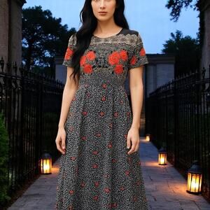 NEW Vintage 90s Dark Romance Whimsigoth Maxi Dress SZ 12 Black Rose Fairy Grunge